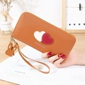 Brown long leather wallet for women with heart patches and cute rabbit keychain - Yellow Brown