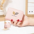 Pink short zip-around wallet with leaf metal hardware and cute bunny tassel charm - Pink