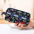 Mini portefeuille bleu foncé à motif fraises et dragonne, pochette compacte zippée - Feuille