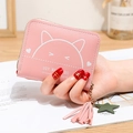 Pink short zip-around wallet with cute cat print and stylish fringe tassel decoration - Pink