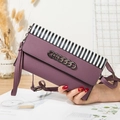 Purple litchi pattern leather crossbody bag with black and white stripes and metal chain - Purple