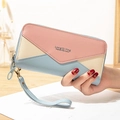 Tricolor long zip wallet in pink, beige, and light blue with a detachable wrist strap - Blue