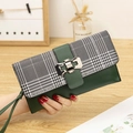 Plaid patchwork leather long wallet in dark green with metal clasp and wrist strap - Green