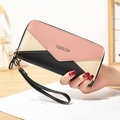 Women's long wallet with double zipper, pink and black patchwork design and wrist strap - Black