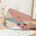 Pink and beige color-block long wallet with zipper, tassel detail and hand strap - Blue