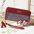Portefeuille long à fermeture éclair en cuir bordeaux et paillettes avec pompon cœur - Rouge