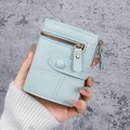 Handheld mint blue slim leather short wallet with snap button and zipper pocket - Blue / 0.0