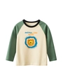 Kinderen shirt met lange mouwen, cartoon leeuwenprint en groene raglanmouwen op wit - Abrikoos/Saliegroen / 90cm