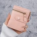 Slim light pink PU leather wallet with l-shaped zip pocket and snap closure strap - Pink