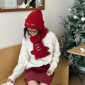 Red wool knit hat and scarf set with embroidered dachshund for Christmas gifts - Set / Wine Red