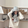 Grey knit hat and scarf set with embroidered dachshund pattern for winter warmth - Set / Light Gray