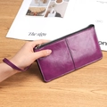 Purple oil wax leather long zip wallet with wristlet strap for women - Purple