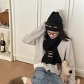 Black knitted scarf and hat set with colorful dachshund embroidery for winter warmth - Set / Black