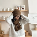 Brown knitted wool hat and scarf set featuring embroidered dachshund dog pattern - Set / Mocha
