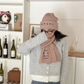 Light pink knitted hat and scarf set with cute dachshund embroidery in warm festive setting - Set / Light Pink