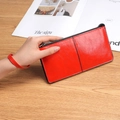 Red waxed leather long wallet with zipper closure and wristlet strap for women - Red