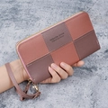 Pink and brown checkered long wallet for women with gold zipper and wrist strap - Purple