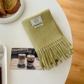 Grass green 100% wool scarf featuring delicate knit texture and fringe decorations - Yellow & Green