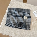 Écharpe épaisse en laine à carreaux gris et noirs avec franges et étiquette tissée chic - Sergé Pied-de-poule - Bleu Gris
