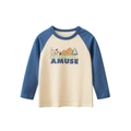 Kinder t-shirt met lange raglanmouwen in blauw en crème met een hondenprint - 90cm / Beige/Legerblauw