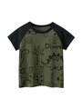 Boys' olive green raglan sleeve T-shirt with black dinosaur prints and cotton fabric - 90cm / Army Green/Black