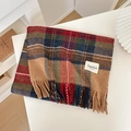 Écharpe à carreaux en laine avec franges rouges et marines pour le style hivernal - Sergé Carreaux Carrés - Camel
