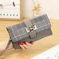 Women's long plaid wallet in grey faux leather and houndstooth pattern with bow buckle - Gray