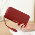 Red quilted leather long wallet for women featuring crown embroidery and wrist strap - Red