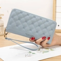 Mist blue PU leather long wallet with quilted pattern and gold zipper detail - Blue