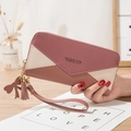 Women's pink patchwork long wallet with tassel zipper and elegant wrist strap - Deep Pink
