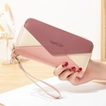 Women long wallet with dual zippers and tricolor burgundy pink and white patchwork - Light Pink