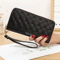 Black long PU leather wallet with crown detail, quilted stitching, and wristlet strap - Black