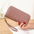 Quilted dusty pink double-zipper long phone wallet with crown embroidery and wrist strap - Purple