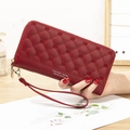 Dark red quilted long wallet with crown embroidery and wrist strap for women - Wine Red