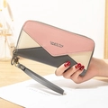 Women's long double zipper wallet in pink and grey color-blocked PU leather with strap - Gray