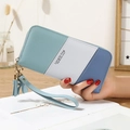Women's long zipper wallet with tricolor patchwork, lychee texture, and fringe detail - Blue