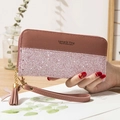 Portefeuille long en patchwork pour femme rose poudré avec paillettes et pompon - Rose foncé
