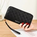 Women's black long wallet with crown quilted texture and double zipper closure - Black