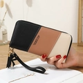 Women's long zip-around wallet with patchwork tricolor design, tassel and wrist strap - Black
