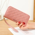 Pink quilted leather phone wallet with crown embroidery and wristlet strap - Pink