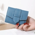 Mini bifold wallet for women in fog blue leather with white contrast stitching - Blue