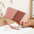 Pink and brown patchwork women's long wallet with tassel and wristlet strap - Light Pink