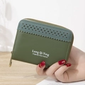 Short dark green PU leather wallet with laser-cut hollow design and gold zipper - Green