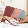 Women's long wallet with vertical color-block design in burgundy and pink with fringe - Deep Pink
