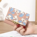 Pink lychee texture mini tri-fold wallet for women with floral pattern and gold clasp - Light Pink