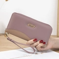 Cartera larga de cuero PU rosa y caqui con correa de mano y cremallera dorada - Púrpura