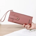 Portefeuille long femme rose poudré avec fermeture éclair et dragonne en cuir mat - Rose foncé