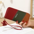Women's long tri-color patchwork wallet with red tassel and gold-tone zipper - Wine Red