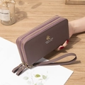 Women's double zipper long wallet in dusty pink litchi texture with wrist strap - Purple