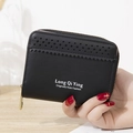 Short black PU leather wallet with laser-perforated details and gold zipper closure - Black